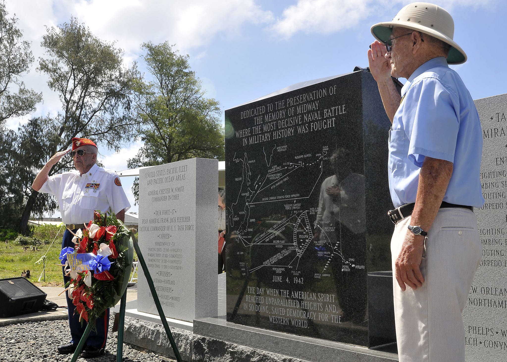 MIDWAY ATOLL (June 4, 2012) American World War II veterans at the Battle of Midway National Memorial are honored during a ceremony commemorating the 70th anniversary of the Battle of Midway. The Battle of Midway, fought over and near the Midway atoll, approximately 1,500 nautical miles northwest of Hawaii, represents the strategic high water mark and turning point of the Pacific war. (U.S. Navy Photo by Mass Communication Specialist 2nd Class Tiarra Fulgham/Released) 120604-N-QG393-599 Join the conversation