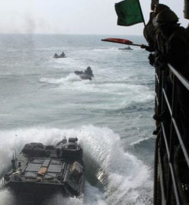 110730-N-GH121-081<br /> BLACK SEA (July 30, 2011) Marines assigned to the 22nd Marine Expeditionary Unit (22nd MEU) launch amphibious assault vehicles from the amphibious dock landing ship USS Whidbey Island (LSD 41) as part of Summer Storm 2011. Summer Storm is a combined amphibious assault exercise with Romania. Whidbey Island is deployed as part of the Bataan Amphibious Ready Group supporting maritime security operations and theater security cooperation efforts in the U.S. 6th Fleet area of responsibility. (U.S. Navy photo by Mass Communication Specialist 1st Class Rachael L. Leslie/Released)