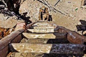 110908-F-RN211-193<br /> U.S. Army 1st Lt. Scott Adamson climbs up a bamboo ladder after inspecting a project in the Qarghah'i district, Laghman province, Afghanistan, on Sept. 8, 2011. Adamson is an engineer assigned to the Laghman Provincial Reconstruction Team. The team's engineers conducted quality assurance checks on three projects and discussed construction plans for a fourth in the district. DoD photo by Staff Sgt. Ryan Crane, U.S. Air Force. (Released)