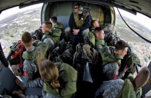 Four teams of Sapper competitors are loaded onto a Blackhawk helicopter and flown to the helocast drop zone during phase two of the Best Sapper competition. The Best Sapper competition gives engineers throughout the Army the opportunity to compete in a grueling six phase three day competition to determine who are the best engineers in the Army.