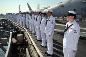 110713-N-CH661-062<br /> MAYPORT, Fla. (July 13, 2011) Sailors man the rails aboard the aircraft carrier USS Enterprise (CVN 65) as it pulls into Naval Station Mayport. Enterprise stopped briefly to embark almost 1,500 friends and family for a tiger cruise. Enterprise and Carrier Air Wing (CVW) 1 are returning to homeport at Naval Station Norfolk after completing a six-month deployment to the U.S. 5th and 6th Fleet areas of responsibility. (U.S. Navy photo by Mass Communication Specialist 3rd Class Jared M. King/Released)