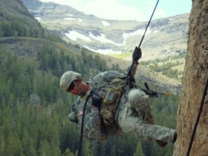 Cpl. Jose Pacheco, a soldier with Headquarters and Headquarters Company, 1st Battalion, 28th Infantry Regiment, 4th Infantry Brigade Combat Team, 1st Infantry Division, practices rappelling techniques during the basic-mobility portion of Mountain Exercise 08-11 at the Marine Corps’ Mountain Warfare Training Center in Northern California’s Toiyabe National Forest, Sept. 22. Pacheco and his fellow soldiers will use the technical skills they learn during basic-mobility to gain a tactical advantage over their adversaries during the subsequent force-on-force exercise.