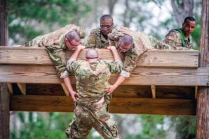 FORT BENNING, Ga. – Trainees from Foxtrot Company, 2nd Battalion, 19th Infantry Regiment, negotiate a confidence course on Sand Hill Feb. 27, 2019 at Fort Benning. The mission of the 2/19th Infantry Battalion is to transform civilians into disciplined Infantrymen. (U.S. Army photo by Patrick Albright, Maneuver Center of Excellence, Fort Benning Public Affairs)