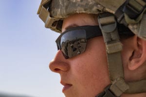 Spc. Jewell Hobbs, 92Y Supply, C Co., 145th Bridgade Support Battalion out of Gowen Field, Boise, Idaho, gets close to the end of her six-hour tower shift at the National Training Center (NTC) in Fort Irwin, Calif., May 31, 2019. At first scared to come to NTC, Hobbs says she is now excited to go "into the box" for her training regiment. A month-long NTC rotation provides more than 4,000 service members from 31 states, including units from 13 National Guard states and territories, with realistic training to enhance their combat, support and sustainment capabilities. (Photo by Cpl. Alisha Grezlik, 115th Mobile Public Affairs Detachment)