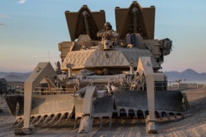 Soldiers from A Co, 116 Brigade Engineer Battalion, position their M1150 Assault Breacher Vehicle during a live-fire training exercise at the National Training Center (NTC) in Fort Irwin, Calif., June 12, 2019. The M1150 is a U.S. military mine and explosives clearing vehicle, equipped with a mine-plough and line charges. NTC is a month-long rotation that provides more than 4,000 service members from 31 states, including units from 13 National Guard states and territories, with realistic training to enhance their combat, support and sustainment capabilities. (Photo by: Cpl. Alisha Grezlik, 115th Mobile Public Affairs Detachment)