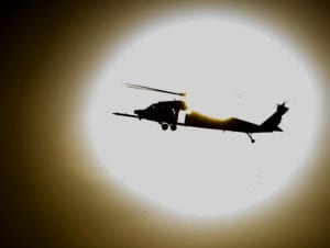 An HH-60 Pave Hawk returns from an exercise mission July 12, 2016, at Nellis Air Force Base, Nev., as part of Red Flag 16-3. The exercise is one of four Red Flags at Nellis AFB, with this iteration focusing on air, space and cyberspace operations. (U.S. Air Force photo/Tech. Sgt. David Salanitri)