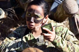 U.S. Army Capt. Julissa Myers, Paratrooper assigned to the 173rd Brigade Support Battalion, 173rd Airborne Brigade, puts the finishing touches to her face paint camouflage in preparation a blank-fire exercise as part of Lipizzaner V at Pocek Range in Postonja, Slovenia, Mar. 12, 2019. Lipizzaner is a combined squad-level training exercise in preparation for platoon evaluation, and to validate battalion-level deployment procedures. The 173rd Airborne Brigade is the U.S. Army Contingency Response Force in Europe, capable of projecting ready forces anywhere in the U.S. European, Africa or Central Commands' areas of responsibility. (U.S. Army photo by Paolo Bovo)