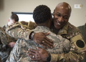 Chief Master Sgt. of the Air Force Kaleth O. Wright greets one of his former Airmen, Tech. Sgt. Amanda Taylor, 726th Operations Group command support staff superintendent, during a base tour Oct. 19, 2018, at Nellis Air Force Base, Nev. Wright and Taylor were stationed together at Osan Air Base, South Korea, between 2007 and 2008 where they played basketball together. (U.S. Air Force photo by Airman 1st Class Andrew D. Sarver)