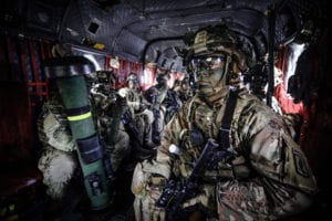 Paratroopers assigned to 2nd Battalion, 503rd Infantry Regiment, 173rd Airborne Brigade, prepare to exit a CH-47 chinook helicopter during Exercise Rock Spring 19 at Grafenwoehr Training Area, Germany, on March 6, 2019.