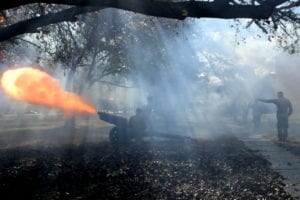 Battery C, 1st Battalion, 9th Field Artillery Regiment fires a salute Dec. 21, 2019 in honor of the 48th Infantry Brigade Combat Team which held a casing ceremony at Fort Stewart Ga. This is the fourth combat deployment of the 48th IBCT since Sept. 11, 2001.