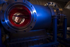 Cadet 2nd Class Eric Hembling uses a Ludwieg Tube to measure the pressure, temperature, and flow field of various basic geometric and hypersonic research vehicles at Mach 6 in the U.S. Air Force Academy's Department of Aeronautics, Jan. 31, 2019. (U.S. Air Force photo by Joshua Armstrong)