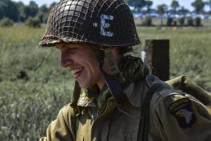 A World War II historic paratrooper jumped from a vintage Douglas C-47 wearing the uniform of the paratroopers who jumped into this very drop zone at Sainte Mere Eglise, France 74 years ago. These historic jumpers were joining a multi-national parachute demonstration being conducted by the 173rd Airborne Brigade which included paratroopers from the France, Holland, Germany, Romania and the United States.