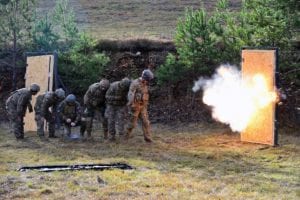 U.S. Army Paratroopers assigned to 54th Brigade Engineer Battalion, 173rd Airborne Brigade, and Slovenian Armed Forces conduct urban breach training as part of Rock Tundra at Pocek Range in Postonja, Slovenia, Dec. 5, 2018. The 173rd Airborne Brigade is the U.S. Army Contingency Response Force in Europe, capable of projecting ready forces anywhere in the U.S. European, Africa or Central Commands' areas of responsibility. (U.S. Army photo by Paolo Bovo)