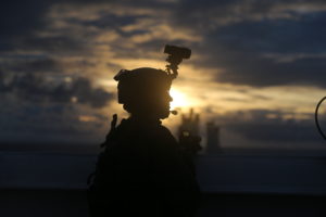 U.S. Marine Lance Cpl. Steven Rowe with 3rd Reconnaissance Battalion, 3rd Marine Division, posts security during a Visit, Board, Search, and Seizure training as part of exercise HYDRACRAB, Santa Rita, Guam, Aug. 27, 2019. HYDRACRAB is a multilateral exercise conducted by U.S. Marines and Sailors with military service members from Australia, Canada, and New Zealand. The purpose of this exercise is to prepare the participating explosive ordnance disposal forces to operate as an integrated, capable, and effective allied force ready to operate in a changing and complex maritime environment throughout the Indo-Pacific region. (U.S. Marine Corps Photo by Kelly Rodriguez)