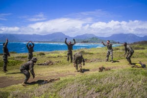 U.S. Marines with Alpha Company, 1st Battalion, 3rd Marine Regiment, engage in physical training using COVID-19 mitigating measures during a company-wide squad competition on Marine Corps Base Hawaii, April 16, 2020. 1st Battalion, 3rd Marines conducted the competition in order to train and remain tactically proficient while mitigating risks of the COVID-19 environment. (U.S Marine Corps photo by Lance Cpl. Jacob Wilson)